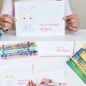 May include: A set of printable Valentine's Day cards featuring a cute fox illustration with the text "I'm so fawned of you..." and "I'm nuts about you!" The cards are designed for coloring and are perfect for kids to give to their friends and classmates.