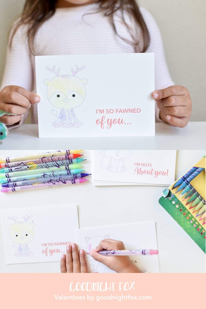May include: A set of printable Valentine's Day cards featuring a cute fox illustration with the text "I'm so fawned of you..." and "I'm nuts about you!" The cards are designed for coloring and are perfect for kids to give to their friends and classmates.