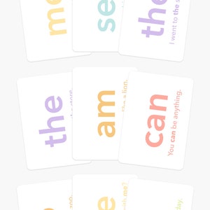 May include: White flashcards with colorful words like "me", "see", and "the". The cards have simple sentences and phrases. The bottom of the image has the text "GOODNIGHT FOX" and "Flash Cards by goodnightfox.com".