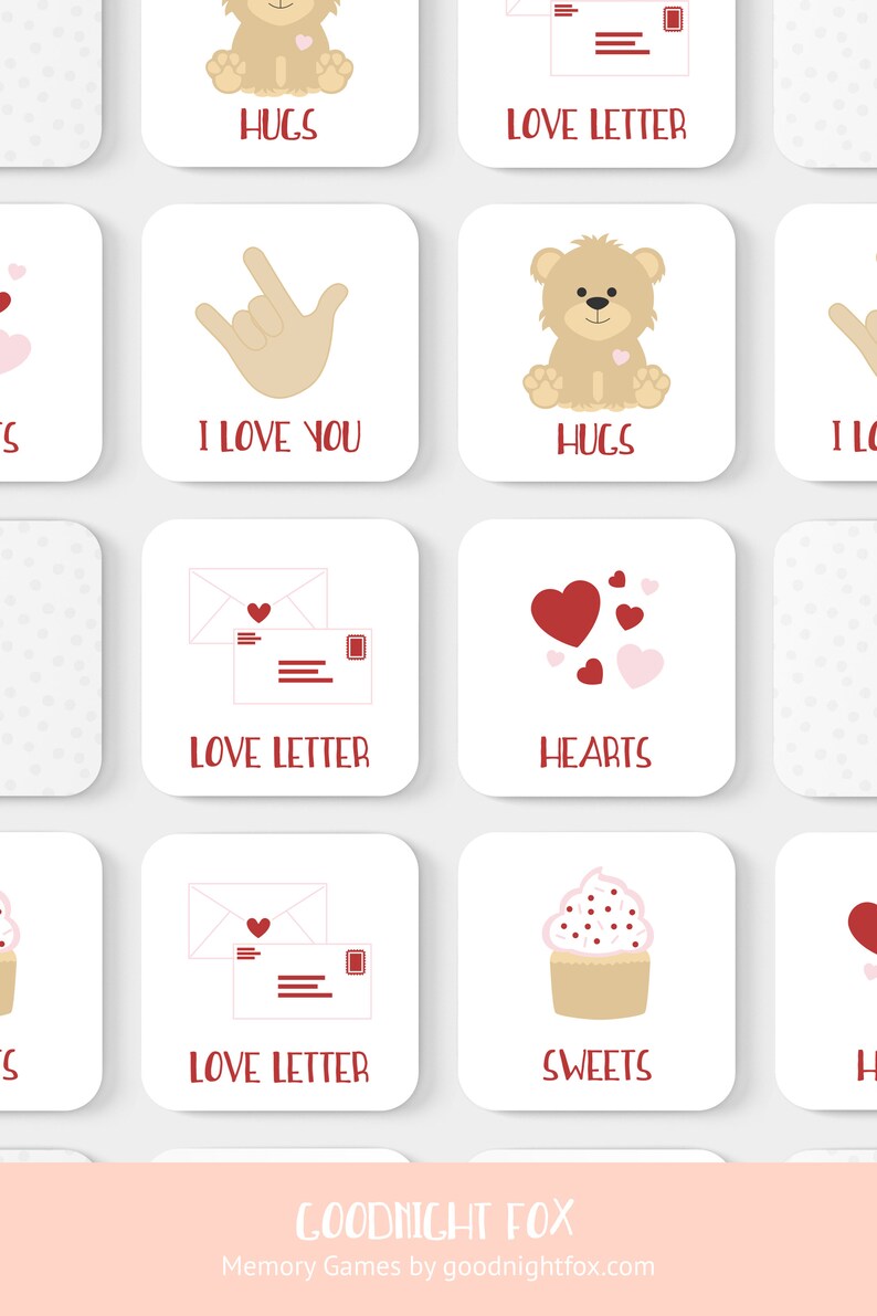 May include: A set of 12 white square cards with red and pink illustrations and text. The cards feature images of hearts, teddy bears, cupcakes, and envelopes. The text on the cards includes "Hugs", "Love Letter", "I Love You", "Hearts", "Sweets", and "Goodnight Fox".