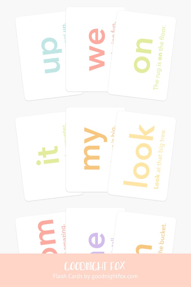 May include: Flash cards with words like "up", "we", "on", "it", "my", and "look" in various colors. The cards are white with colorful text. The bottom of the image has the text "GOODNIGHT FOX" and "Flash Cards by goodnightfox.com".