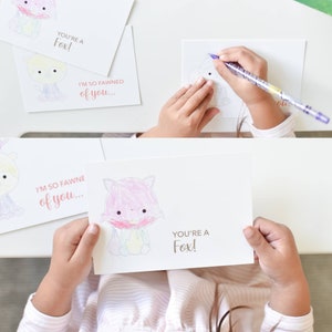 May include: A set of printable Valentine's Day cards featuring a fox illustration with the text "You're a Fox!" and "I'm so fawned of you..."  The cards are designed for coloring and are part of the Goodnight Fox collection.