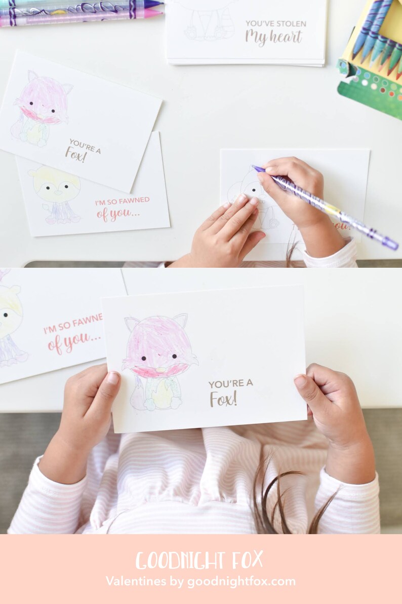 May include: A set of printable Valentine's Day cards featuring a fox illustration with the text "You're a Fox!" and "I'm so fawned of you..."  The cards are designed for coloring and are part of the Goodnight Fox collection.