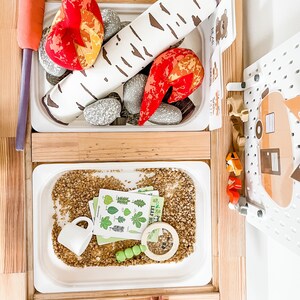 May include: A wooden play table with two white trays. The top tray has a log, red flames, and gray rocks. The bottom tray has a white cup, a magnifying glass, green beads, and cards with the text "Leaf Hunt".