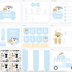 May include: A printable set of blue and white themed pet grooming business graphics. The set includes a sign, a menu, instructions, a shampoo bottle, a comb, a banner, a pattern, an awning, a dryer, and a truck. The graphics feature cute cartoon dogs and the text "Bubbles Pet Grooming".