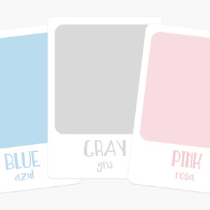 K&ouml;nnte beinhalten: Drei Farbmuster mit den Bezeichnungen "BLUE azul", "GRAY gris" und "PINK rosa" darunter.