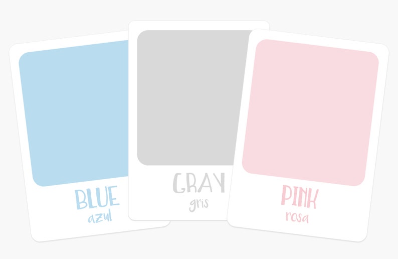 K&ouml;nnte beinhalten: Drei Farbmuster mit den Bezeichnungen "BLUE azul", "GRAY gris" und "PINK rosa" darunter.