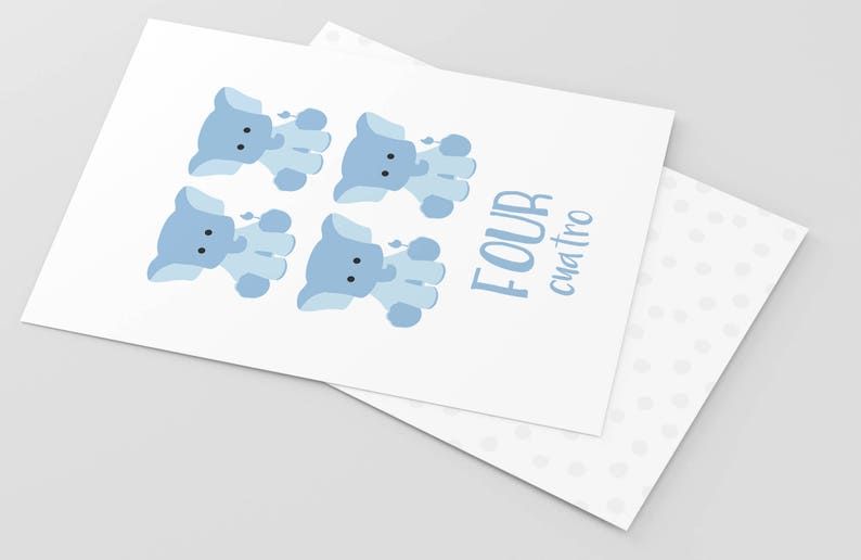 May include: A white card with four blue elephant illustrations and the text "FOUR cuatro" in blue.