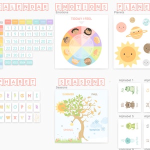 Classroom Decor Printable Kit, Alphabet Colors Weather Planets Emotions Seasons