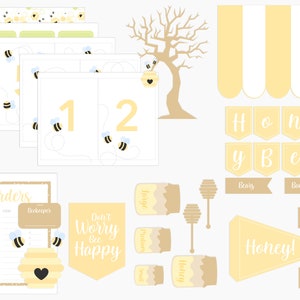 May include: A set of printable party decorations featuring a bee theme. The set includes a banner that says "Honey Bee", honey jar labels, a beekeeper order sheet, and number cards. The decorations are in yellow, brown, and white.
