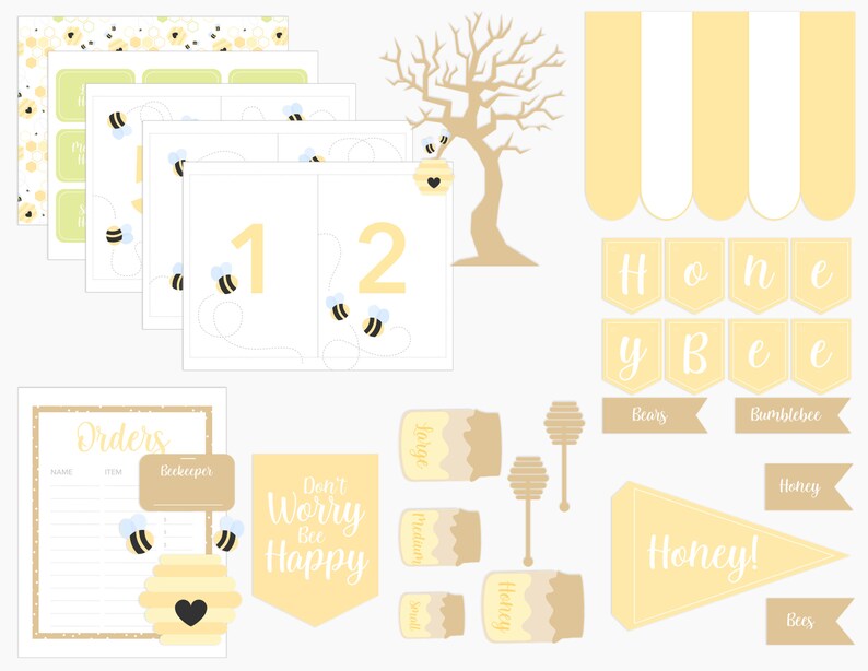 Complete Bee Keeper Dramatic Play Kit, including printables of a bee keeper ID badge, honey jars, and a bee hive, displayed with colorful sensory play items.
