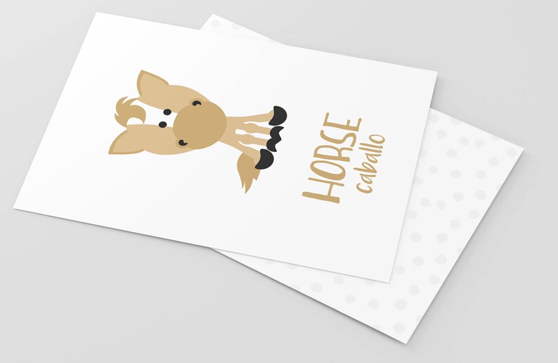 May include: A brown cartoon horse with black hooves and a white stripe on its face. The text "HORSE caballo" is written in gold below the horse.