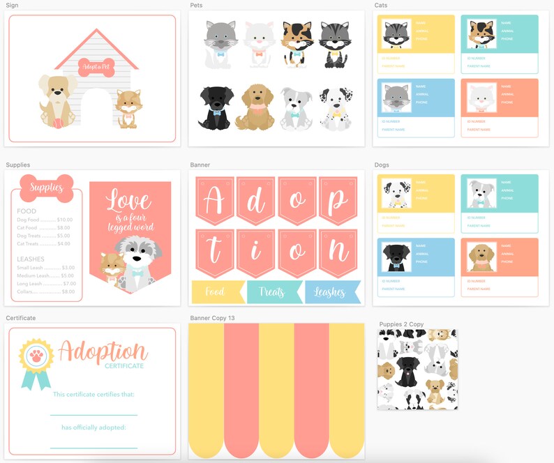 May include: Printable adoption event signage with a pink and yellow color scheme. The signs include a dog house, a banner that says "Adoption", a price list for supplies, and a certificate of adoption.