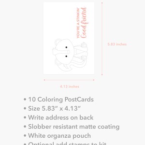 May include: A set of 10 coloring postcards featuring a black and white illustration of a skunk with the text "You're a stinkin' good friend". The postcards are 5.83 inches by 4.13 inches.