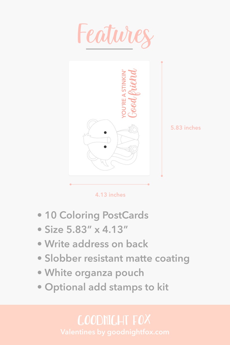 May include: A set of 10 coloring postcards featuring a black and white illustration of a skunk with the text "You're a stinkin' good friend". The postcards are 5.83 inches by 4.13 inches.