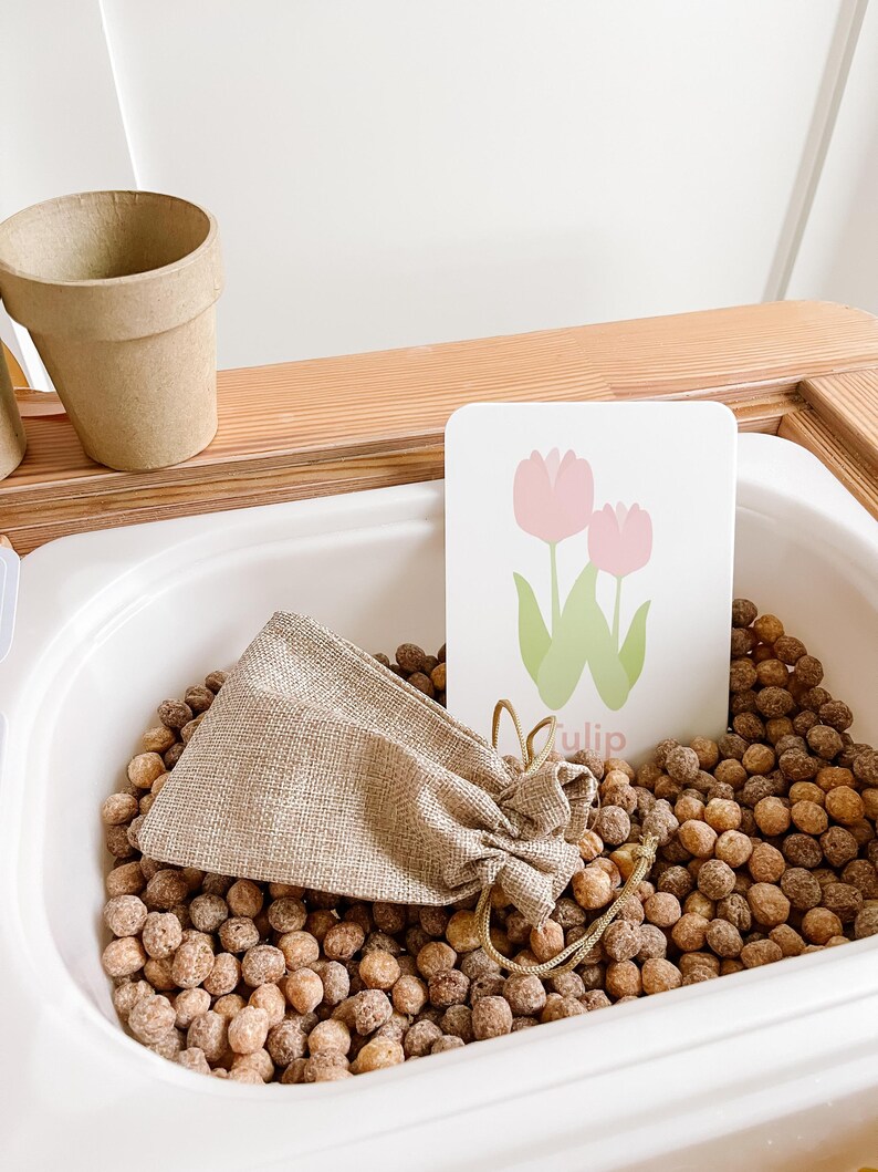 May include: A sensory bin filled with brown spheres, a small hessian bag, and a card with a pink tulip illustration and the word "Tulip". A small, empty brown pot sits on a wooden shelf above the bin.