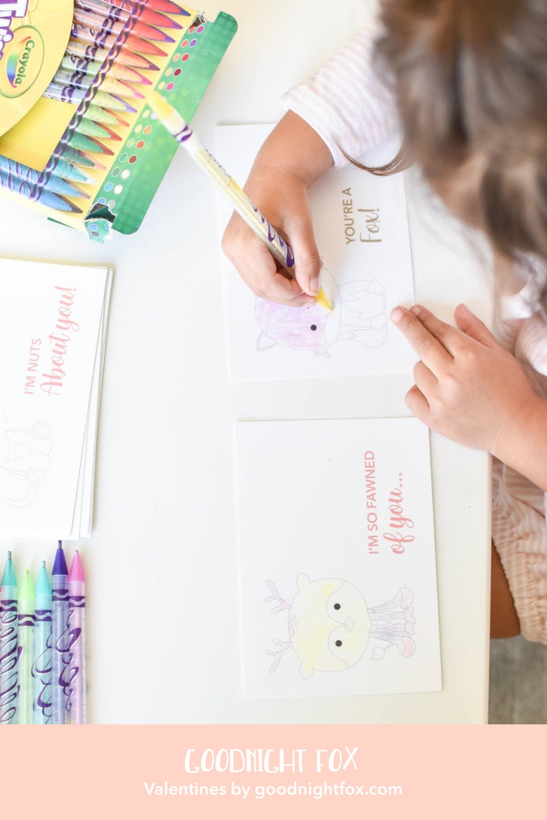 May include: A set of printable Valentine's Day cards featuring cute fox illustrations and puns. The cards are designed to be colored in by children. The text on the cards reads "I'm nuts about you!" and "I'm so fawned of you... You're a fox!"