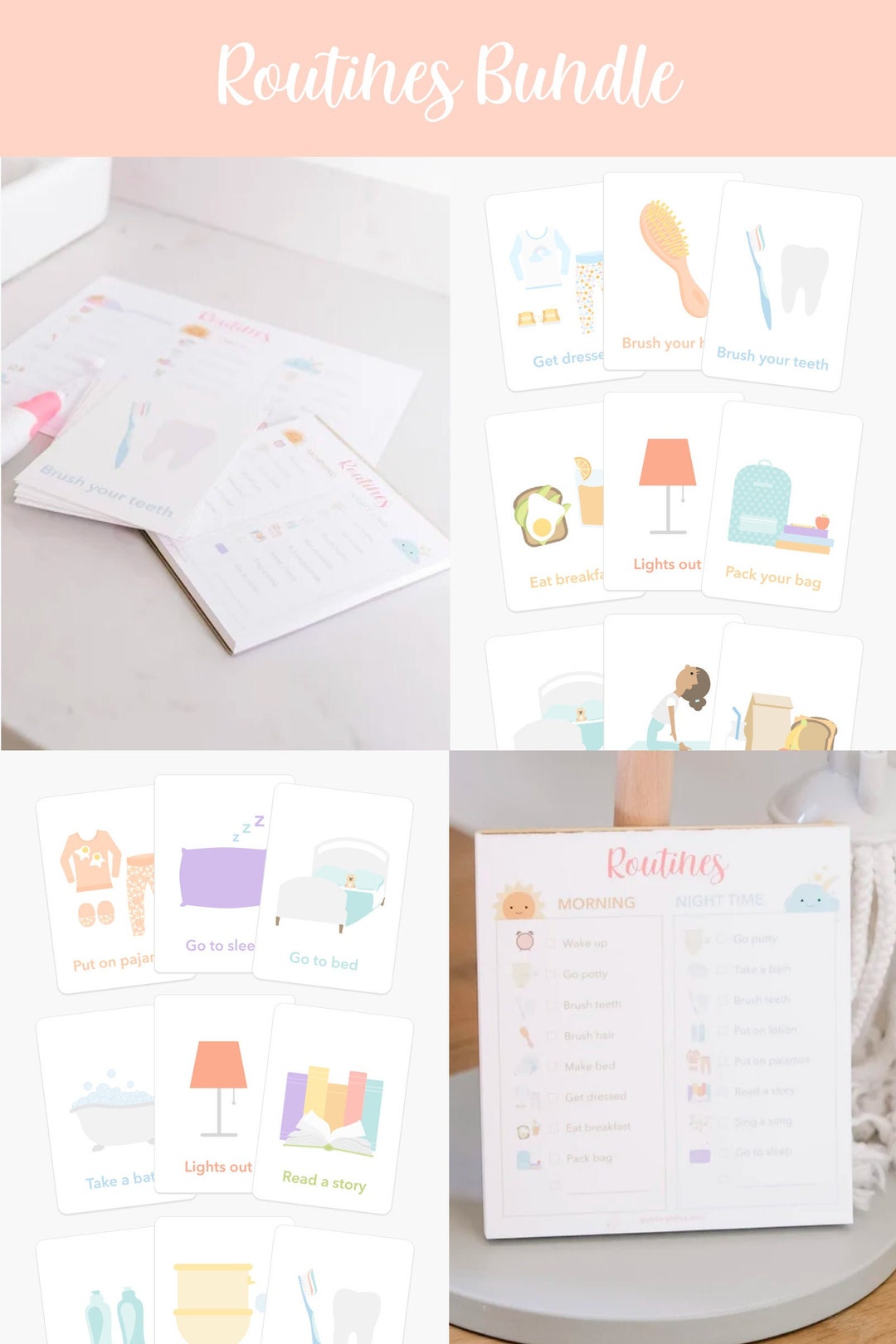 Handheld Routine Checklist Routines Bundle: Checklist Notepad, Flashcard Sets for Morning Routine ...