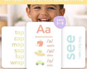 Paquete de tarjetas didácticas de lectura para niños pequeños y preescolares / Tarjetas de aprendizaje de palabras fonéticas a simple vista y palabras CVC / Lectura preescolar Montessori para el hogar