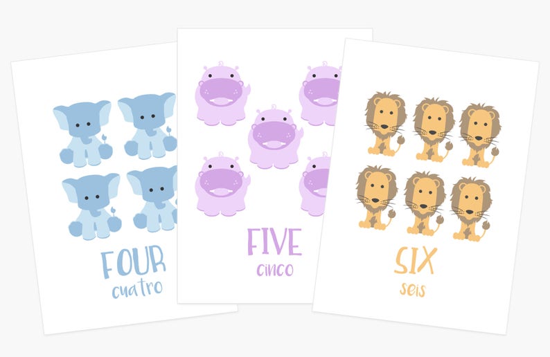 May include: Three cards with different numbers of animals. The first card has four blue elephants, the second card has five purple hippos, and the third card has six orange lions. The cards also have the numbers four, five, and six written on them in English and Spanish.