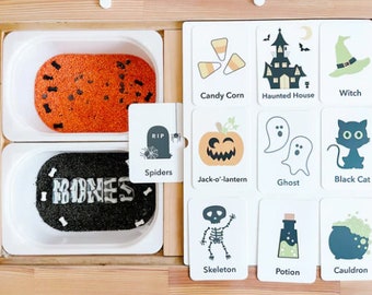 Halloween Flashcards, Jack-o-lantern, Cauldron, Skeleton, Haunted House, Potion, Black Cat, Spiders, Ghosts, Candy Corn, Witch Hat
