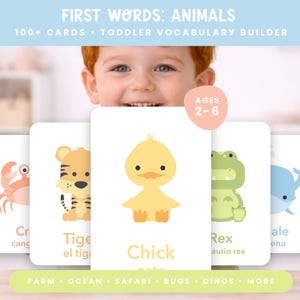 May include: Flash cards for toddlers with animal illustrations. The cards feature a crab, tiger, chick, crocodile, and whale. The text on the cards includes the words "Chick", "Rex", and "Whale". The cards are for ages 2-6.