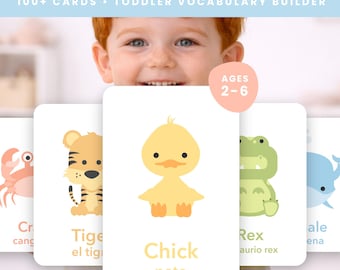 Tarjetas didácticas de animales con las primeras palabras para niños pequeños / Tarjetas de aprendizaje Montessori para niños pequeños / Primeras palabras del bebé / Vocabulario de animales para preescolares / Educación en casa