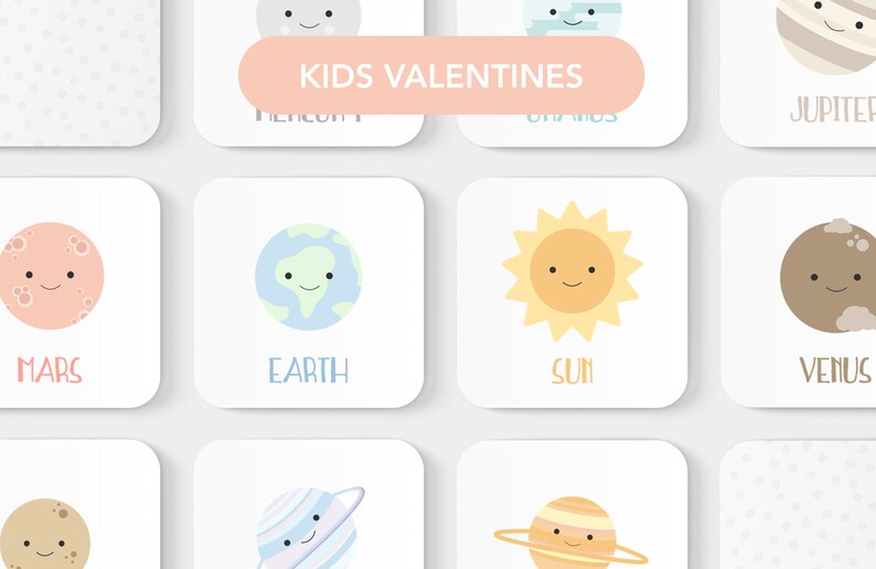 May include: A set of 10 printable Valentine's Day cards featuring cute cartoon planets with smiling faces. The cards are perfect for kids to give to their friends and classmates. The planets include Mercury, Venus, Earth, Mars, Jupiter, Saturn, Uranus, Neptune, and the Sun.
