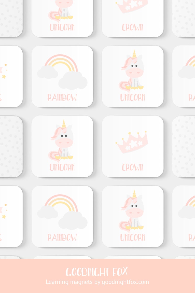 May include: A set of nine colorful learning magnets featuring a unicorn, crown, and rainbow. The magnets are designed for children and feature a playful, whimsical style.