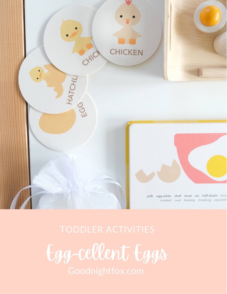 May include: A set of four colorful felt circles with illustrations of an egg, a chick hatching, a chick, and a chicken. The circles are arranged in a circle on a white surface. The text "HATCHLI", "EGG", "CHICH", and "CHICKEN" are written on the circles. The text "TODDLER ACTIVITIES Egg-cellent Eggs Goodnightfox.com" is written on a pink background.