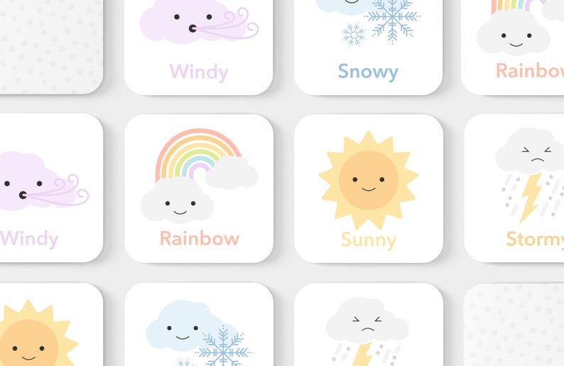 May include: A set of nine flashcards featuring different weather conditions, each with a cute cartoon illustration and the corresponding weather term. The weather conditions include windy, snowy, rainbow, sunny, and stormy.