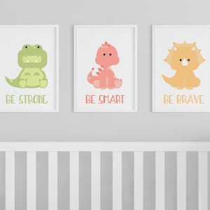 Dinosaur Be Brave, Be Smart, Be Strong Nursery Art Set of 3 Prints image 1