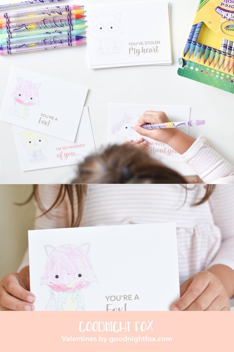 May include: A set of printable Valentine's Day cards featuring a fox illustration. The cards are blank and can be colored in. The text on the cards reads "You're a Fox!" and "I'm so fawned of you..." and "You've stolen my heart".