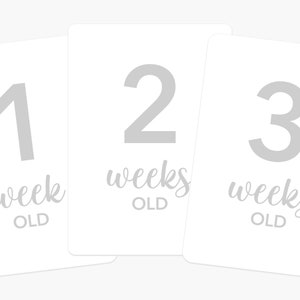 May include: Three white cards with gray numbers and text. The cards show the numbers 1, 2, and 3 with the text "week old" or "weeks old".