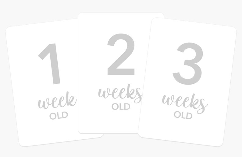 May include: Three white cards with gray numbers and text. The cards show the numbers 1, 2, and 3 with the text "week old" or "weeks old".