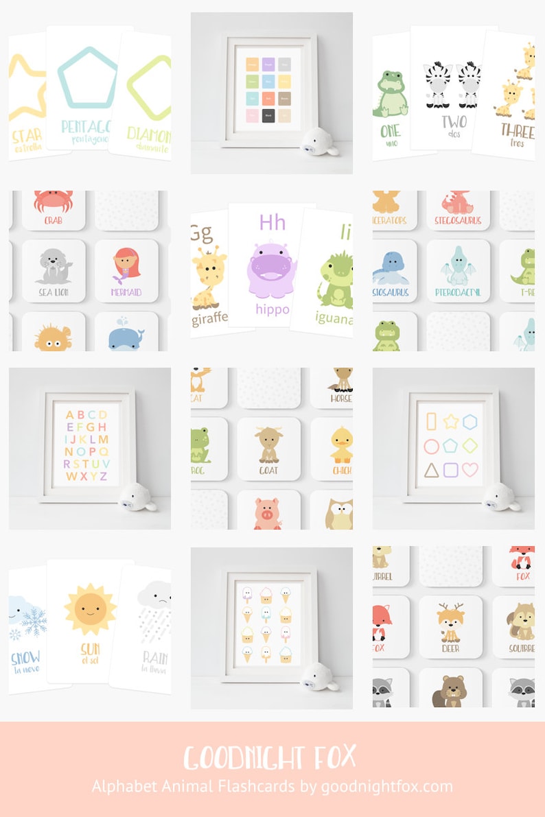 May include: A set of colorful alphabet animal flashcards with illustrations of animals and their names. The flashcards are designed for children learning their ABCs and animal names. The set includes a variety of animals, including a giraffe, hippo, iguana, frog, zebra, and more.