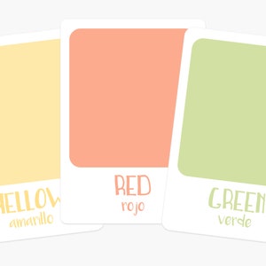 K&ouml;nnte beinhalten: Drei Farbmuster mit wei&szlig;en R&auml;ndern. Die Muster sind gelb, orange und gr&uuml;n. Der Text unter jedem Muster lautet "YELLOW amarillo", "RED rojo" und "GREEN verde".