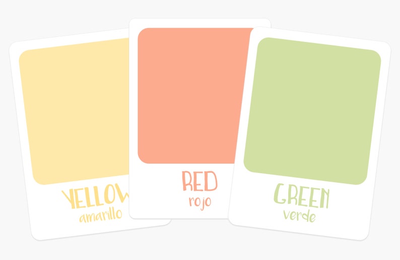 K&ouml;nnte beinhalten: Drei Farbmuster mit wei&szlig;en R&auml;ndern. Die Muster sind gelb, orange und gr&uuml;n. Der Text unter jedem Muster lautet "YELLOW amarillo", "RED rojo" und "GREEN verde".