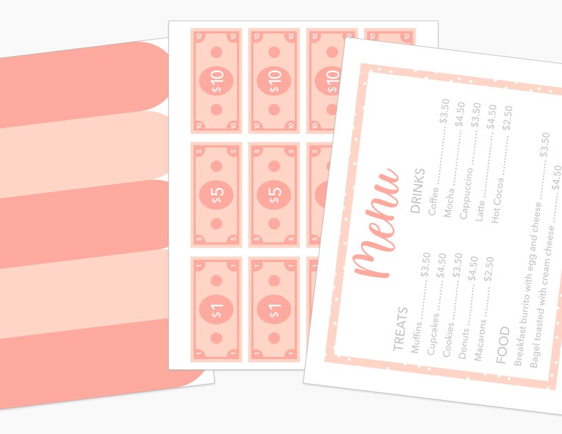 Puede incluir: Una colecci&oacute;n de billetes de juego rosas de 1, 5 y 10 euros, junto con un men&uacute;. El men&uacute; incluye golosinas, bebidas y alimentos, como magdalenas, caf&eacute; y burritos de desayuno.
