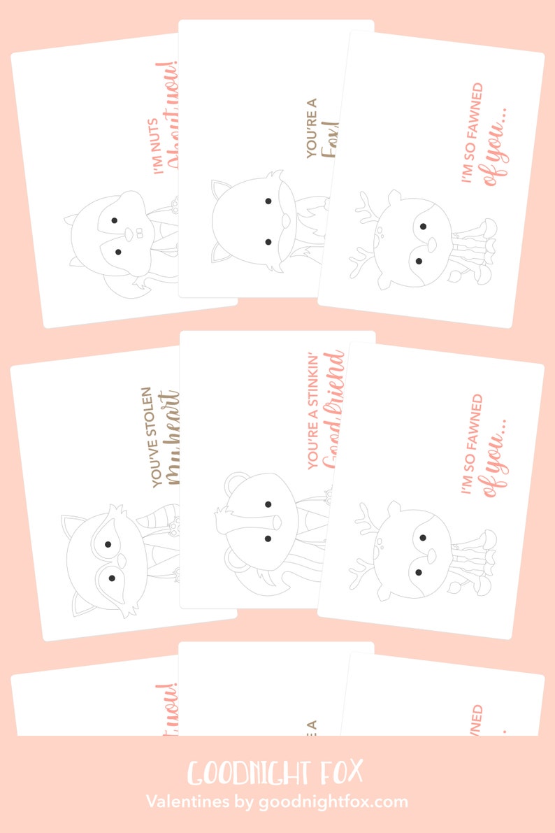 May include: Set of printable Valentine's Day cards featuring cute animal illustrations. The cards have different messages, including "You're a Ford", "I'm nuts about you", and "You've stolen my heart".