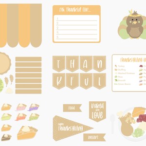 Może przedstawiać: Drukowana karta z motywem Dnia Dziękczynienia z indykiem, ciastem i banerem z napisem "Thankful". Karta zawiera również listę potraw z menu Dnia Dziękczynienia i miejsce na zapisanie tego, za co jesteś wdzięczny.