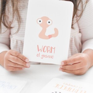 May include: A pink and white flashcard with a cartoon worm illustration. The card says "WORM" and "el gusano" in pink text.