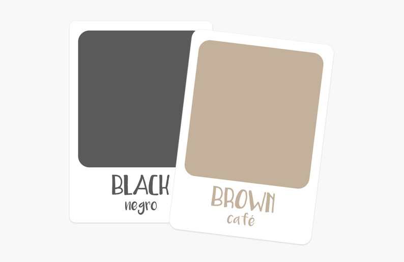 K&ouml;nnte beinhalten: Zwei Farbmuster, eines schwarz mit dem Text "BLACK negro" und eines braun mit dem Text "BROWN caf&eacute;".