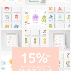 May include: A pink and white graphic with the text "15% OFF" in white. The text "GET 15% OFF YOUR ORDER WHEN YOU SIGN UP FOR OUR newsletter" is in white. The text "AT GOODNIGHTFOX.COM" is in white. The graphic is surrounded by images of various educational flashcards for children. The flashcards feature animals, shapes, letters, and numbers.