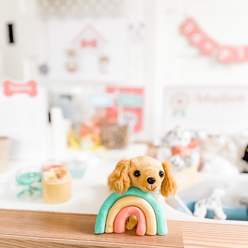 May include: A plush brown and white puppy dog toy sits on a rainbow-colored play dough toy. The rainbow toy is made of three layers of play dough: light blue, yellow, and pink.