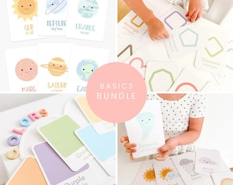 Preschool Basics Flashcards Bundle | Alphabet Colors Shapes Toddler Learning Cards | Montessori Flashcards for Preschool Homeschool Learning