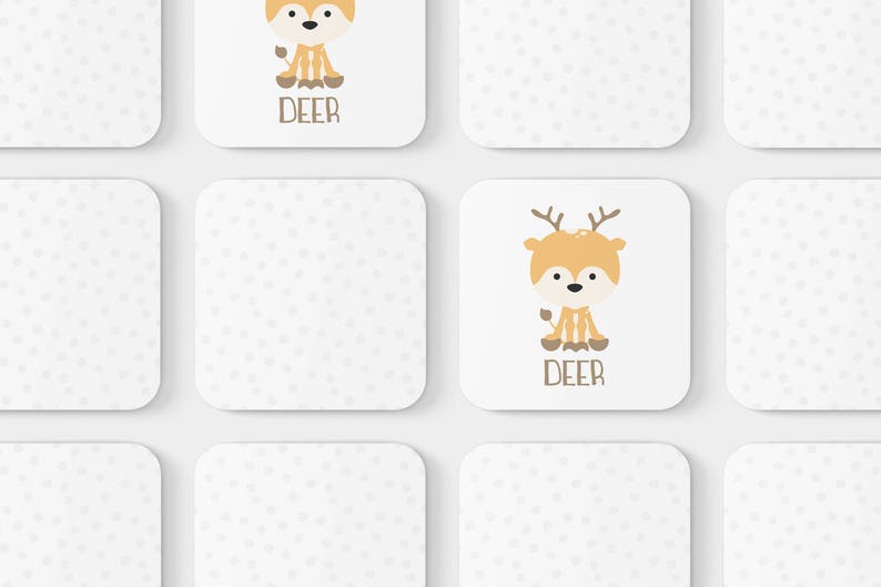 May include: Nine white cards with a dotted pattern.  Four cards feature a cartoon deer illustration with the word "DEER" printed below.  The remaining five cards are blank.