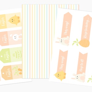 May include: A set of printable Easter tags featuring a variety of cute illustrations, including chicks, bunnies, and carrots. The tags are designed in pastel colors and include the text "Happy Easter" and "This way!"