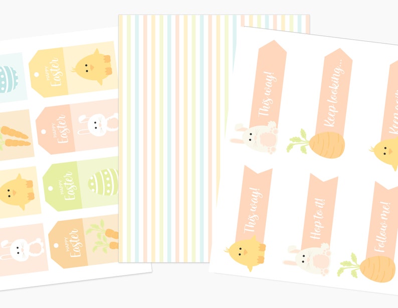 May include: A set of printable Easter tags featuring a variety of cute illustrations, including chicks, bunnies, and carrots. The tags are designed in pastel colors and include the text "Happy Easter" and "This way!"