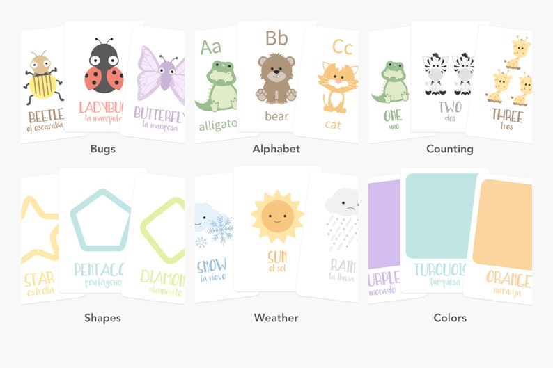 Puede incluir: Un conjunto de tarjetas de memoria coloridas con ilustraciones y palabras en ingl&eacute;s y espa&ntilde;ol. Las tarjetas de memoria est&aacute;n divididas en categor&iacute;as: Bichos, Alfabeto, Conteo, Formas, Clima y Colores.